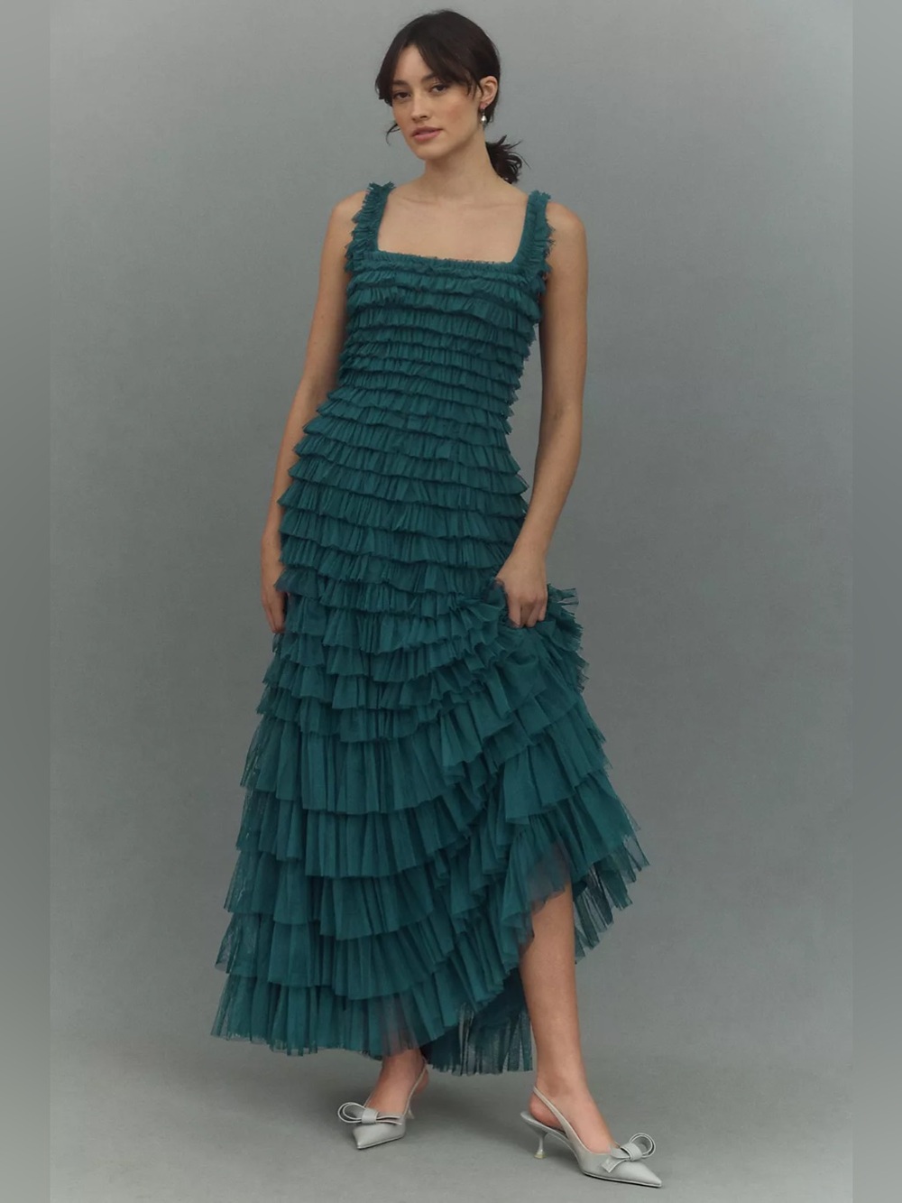 Mac Duggal Square-Neck Ruffled Tiered Tulle Tea-Length Dress Size 12 8046
